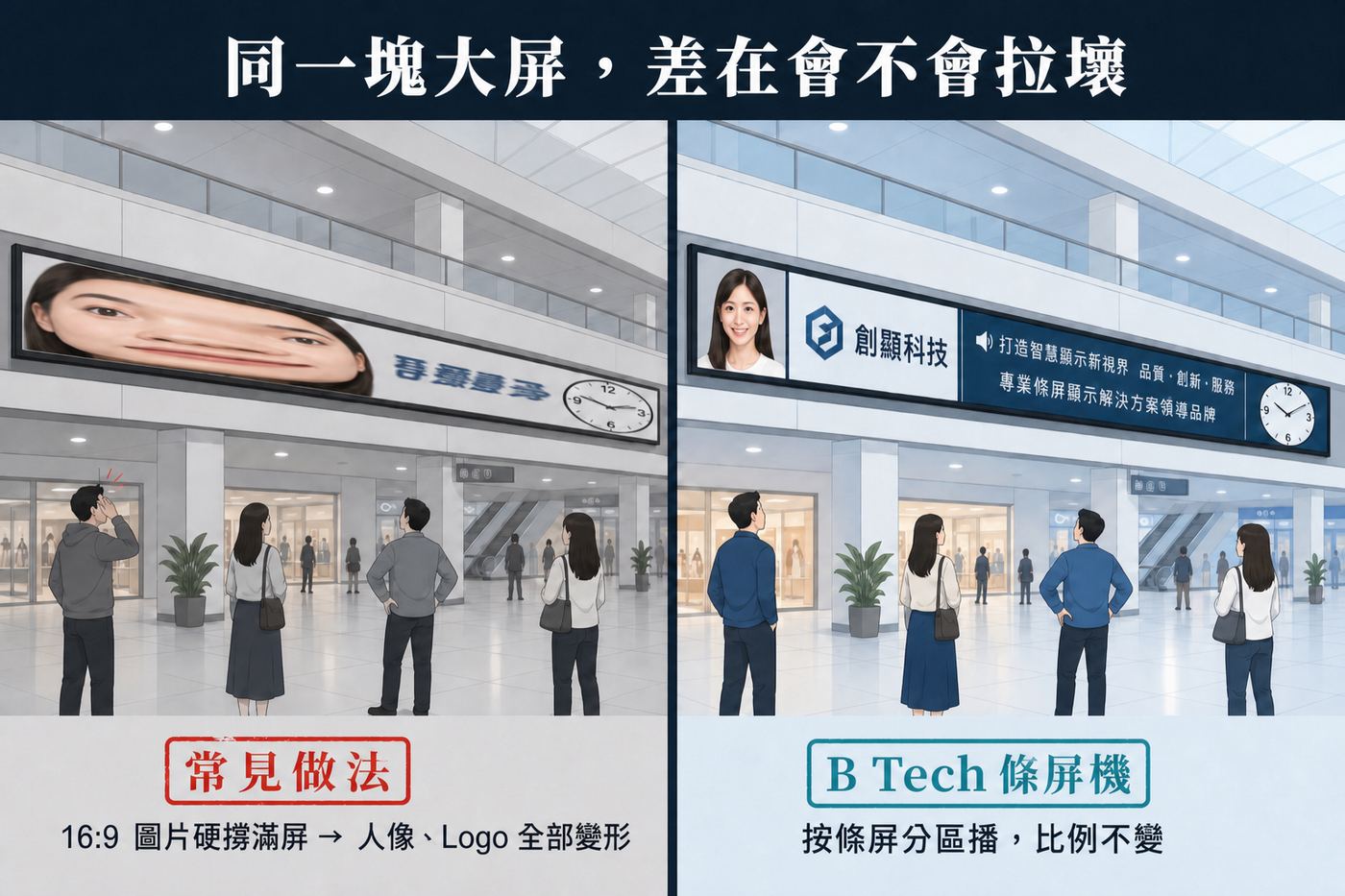 對比圖：左邊商場條屏將 16:9 人像拉成長條，途人掩面；右邊同一塊屏分區播放，人像、標誌與圓鐘比例正確。
