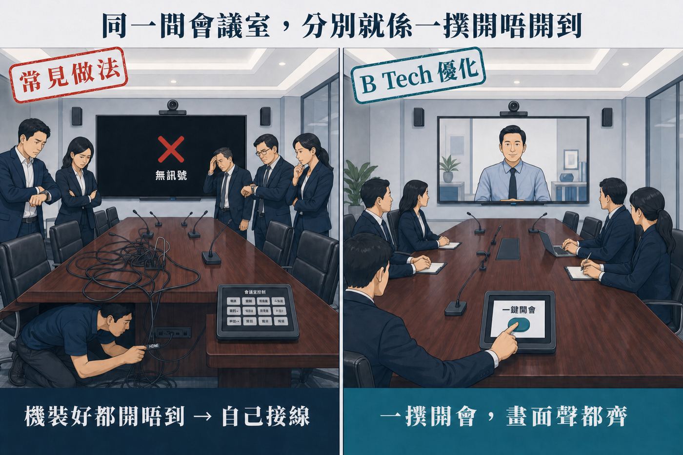 對比：左邊會議室設備已安裝但無法開啟、須自行接線；右邊按鍵即可開會，畫面與聲音同步就緒。