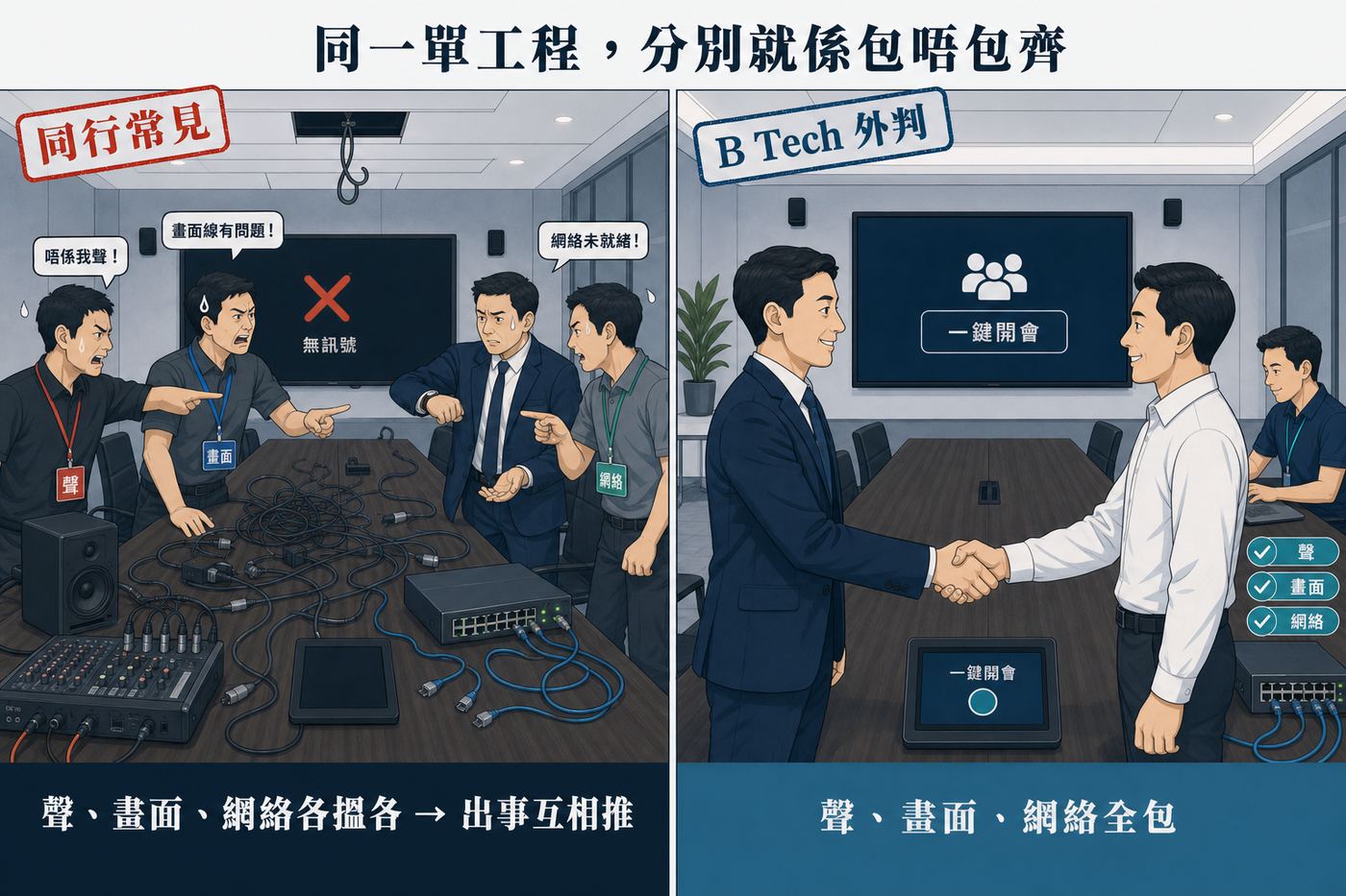 對比：左邊同業聲音、畫面、網絡各自處理，出現問題互相推卸；右邊 HKAV 三項全包調通，由貴司對客。